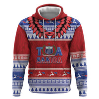 Personalised Toa Samoa Rugby Christmas Zip Hoodie Ula Fala Samoan Pattern Red - Polynesian Pride