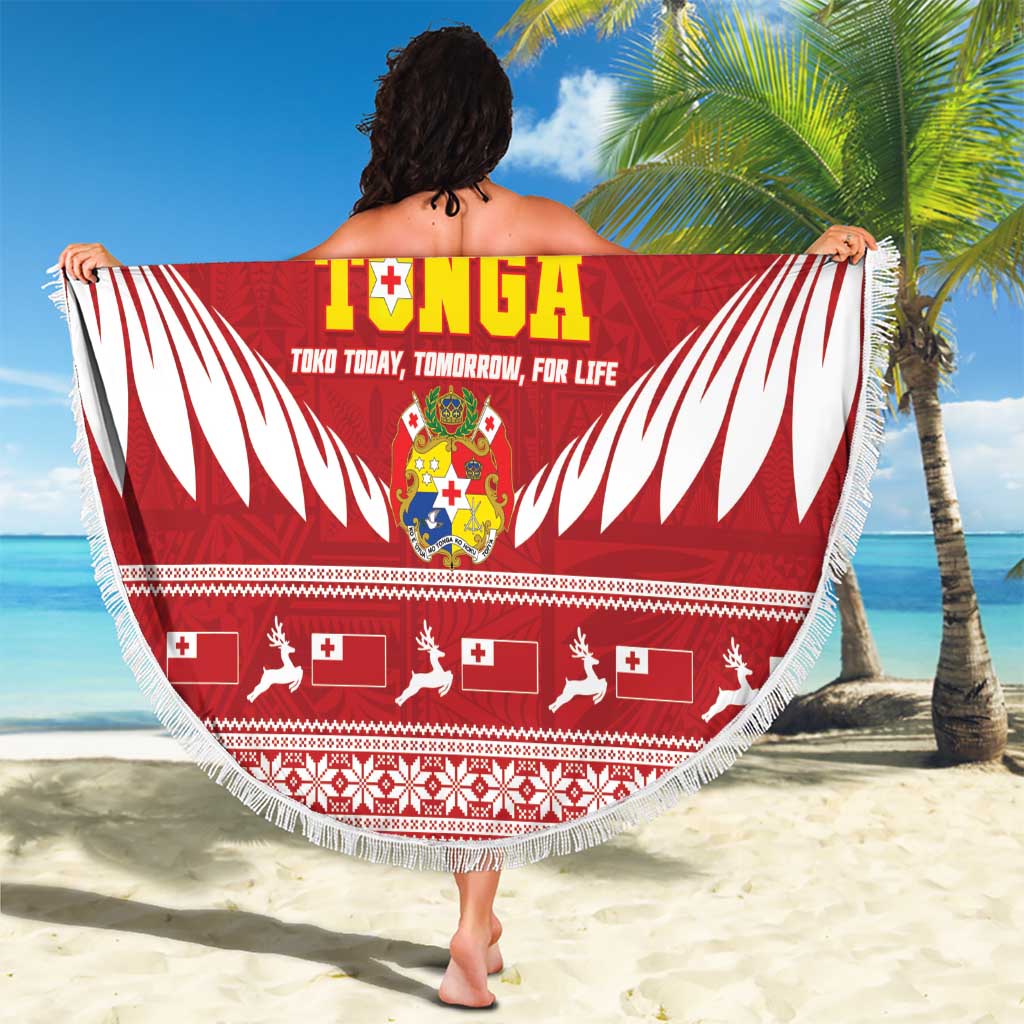 Tonga Rugby Christmas Beach Blanket Mate Maa Tonga Ngatu Pattern - Polynesian Pride