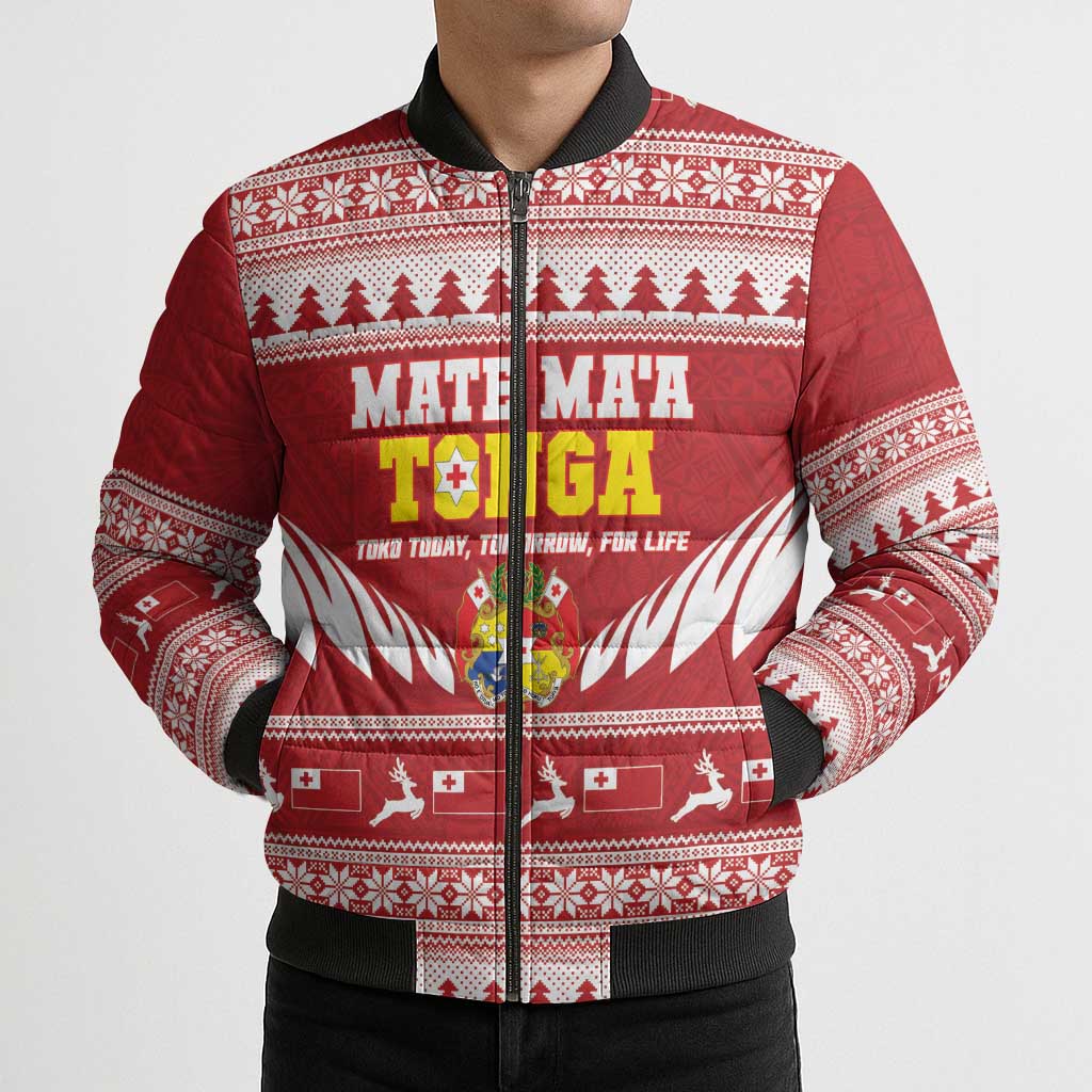 Personalised Tonga Rugby Christmas Bomber Puffer Jacket Mate Maa Tonga Ngatu Pattern - Polynesian Pride
