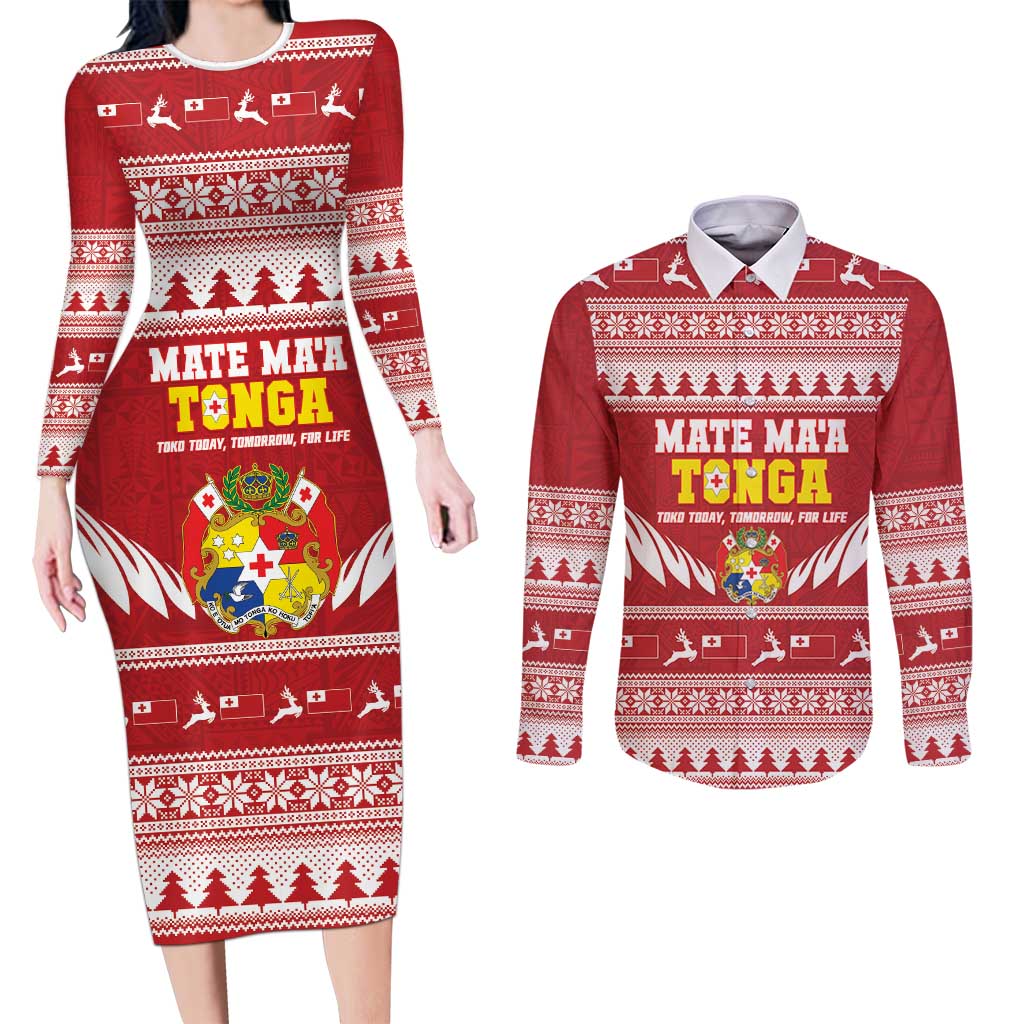 Personalised Tonga Rugby Christmas Couples Matching Long Sleeve Bodycon Dress and Long Sleeve Button Shirt Mate Maa Tonga Ngatu Pattern - Polynesian Pride