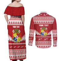 Personalised Tonga Rugby Christmas Couples Matching Off Shoulder Maxi Dress and Long Sleeve Button Shirt Mate Maa Tonga Ngatu Pattern - Polynesian Pride