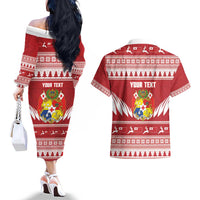 Personalised Tonga Rugby Christmas Couples Matching Off The Shoulder Long Sleeve Dress and Hawaiian Shirt Mate Maa Tonga Ngatu Pattern - Polynesian Pride
