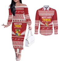 Personalised Tonga Rugby Christmas Couples Matching Off The Shoulder Long Sleeve Dress and Long Sleeve Button Shirt Mate Maa Tonga Ngatu Pattern - Polynesian Pride
