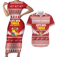 Personalised Tonga Rugby Christmas Couples Matching Short Sleeve Bodycon Dress and Hawaiian Shirt Mate Maa Tonga Ngatu Pattern - Polynesian Pride