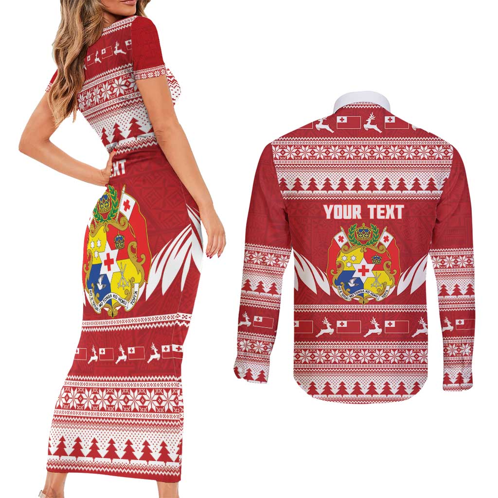 Personalised Tonga Rugby Christmas Couples Matching Short Sleeve Bodycon Dress and Long Sleeve Button Shirt Mate Maa Tonga Ngatu Pattern - Polynesian Pride
