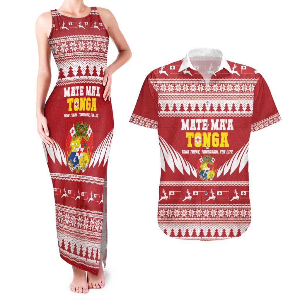 Personalised Tonga Rugby Christmas Couples Matching Tank Maxi Dress and Hawaiian Shirt Mate Maa Tonga Ngatu Pattern - Polynesian Pride