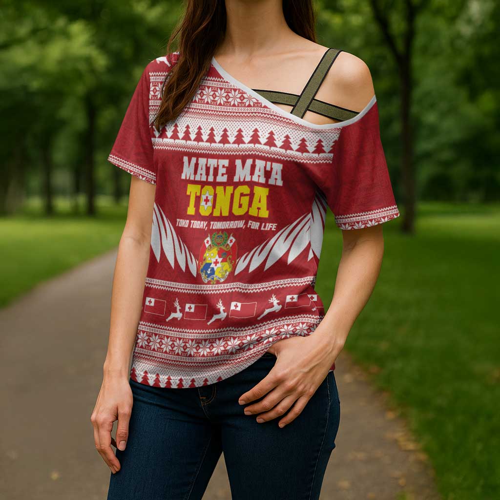 Personalised Tonga Rugby Christmas Cross Shoulder Shirt Mate Maa Tonga Ngatu Pattern - Polynesian Pride