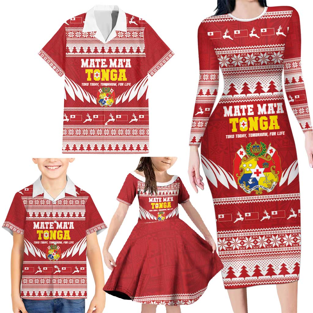 Personalised Tonga Rugby Christmas Family Matching Long Sleeve Bodycon Dress and Hawaiian Shirt Mate Maa Tonga Ngatu Pattern - Polynesian Pride