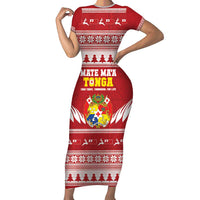 Personalised Tonga Rugby Christmas Family Matching Short Sleeve Bodycon Dress and Hawaiian Shirt Mate Maa Tonga Ngatu Pattern - Polynesian Pride