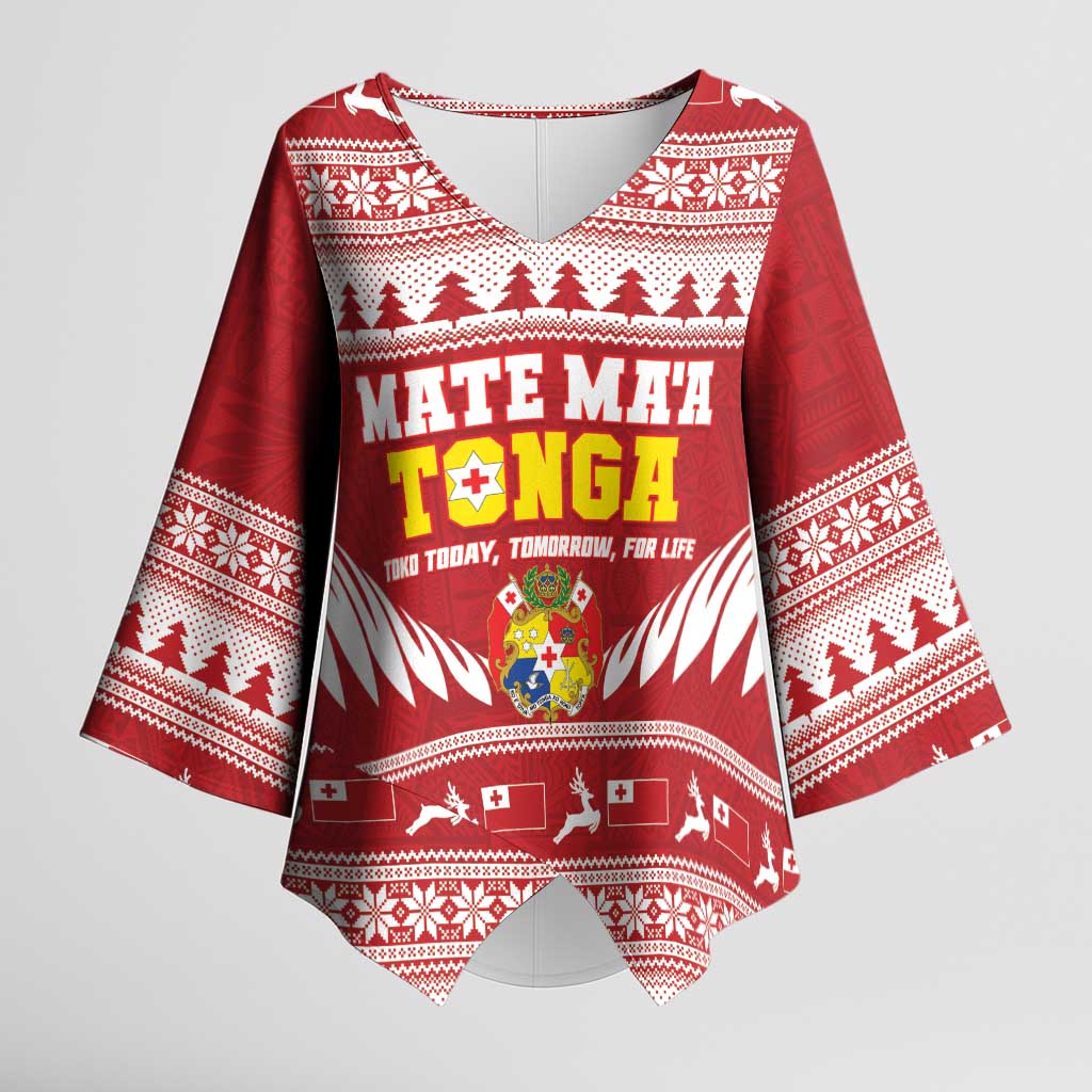 Personalised Tonga Rugby Christmas Kimono Sleeve Blouse Mate Maa Tonga Ngatu Pattern - Polynesian Pride