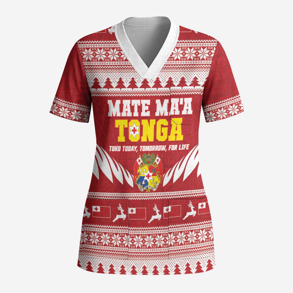 Personalised Tonga Rugby Christmas Scrub Top Mate Maa Tonga Ngatu Pattern - Polynesian Pride