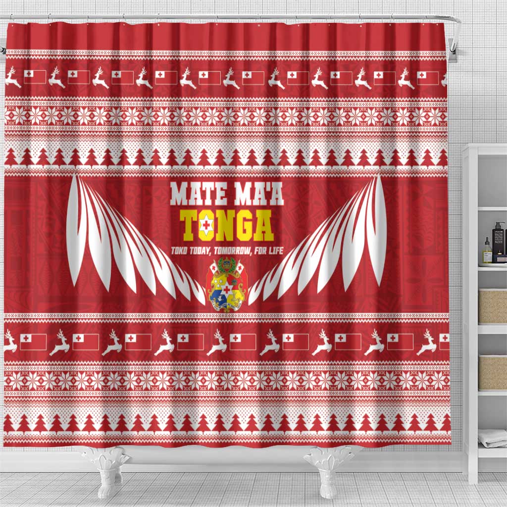 Tonga Rugby Christmas Shower Curtain Mate Maa Tonga Ngatu Pattern - Polynesian Pride
