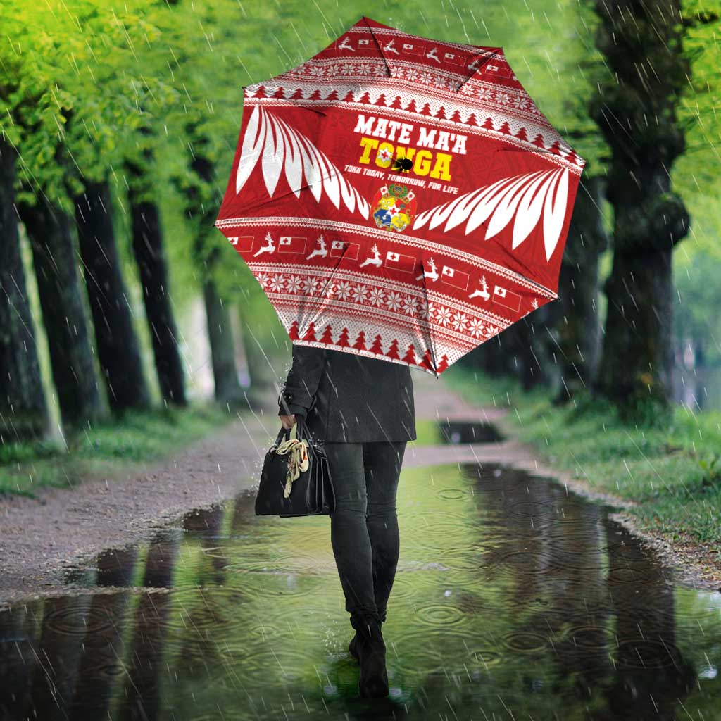 Tonga Rugby Christmas Umbrella Mate Maa Tonga Ngatu Pattern - Polynesian Pride