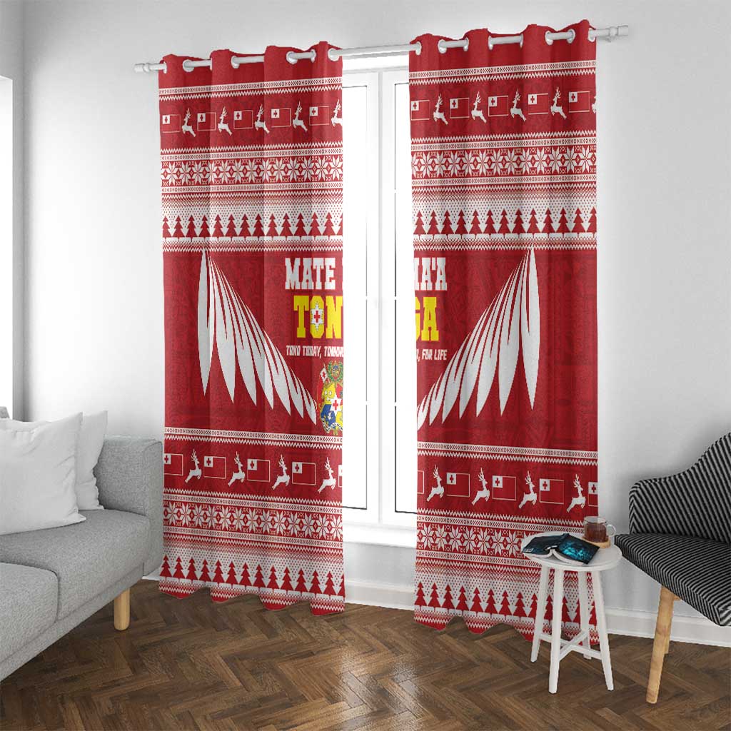 Tonga Rugby Christmas Window Curtain Mate Maa Tonga Ngatu Pattern - Polynesian Pride