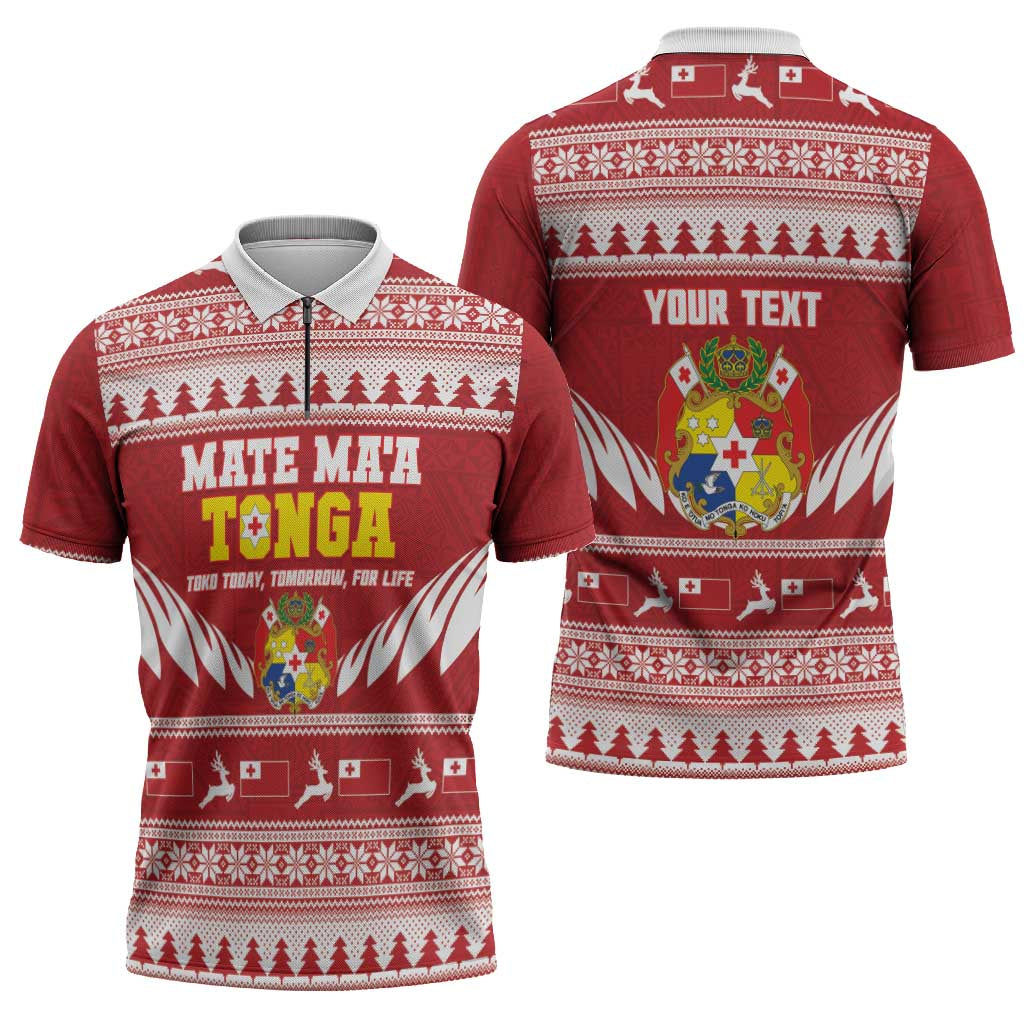 Personalised Tonga Rugby Christmas Zipper Polo Shirt Mate Maa Tonga Ngatu Pattern - Polynesian Pride