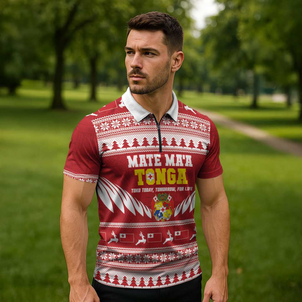 Personalised Tonga Rugby Christmas Zipper Polo Shirt Mate Maa Tonga Ngatu Pattern - Polynesian Pride