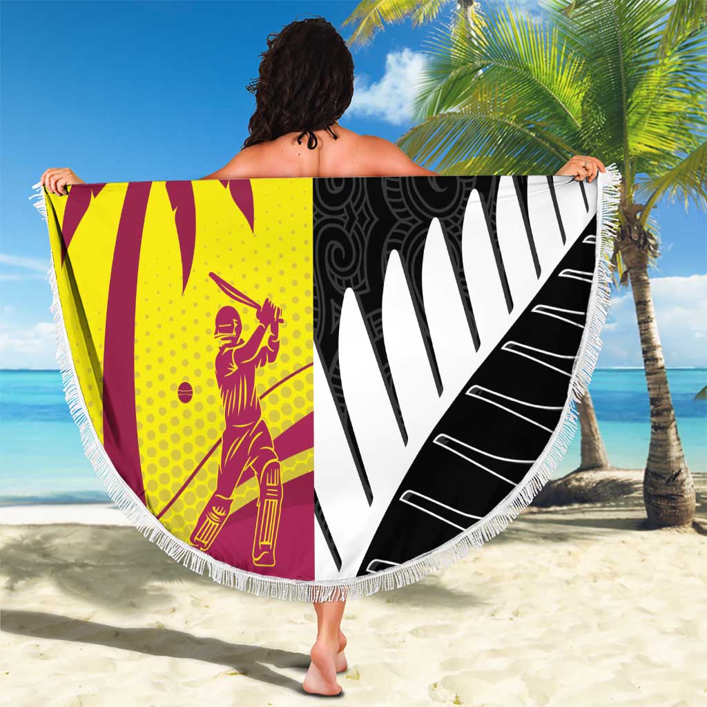 New Zealand and West Indies Cricket Custom Beach Blanket Black Cap Windies Together - Polynesian Pride