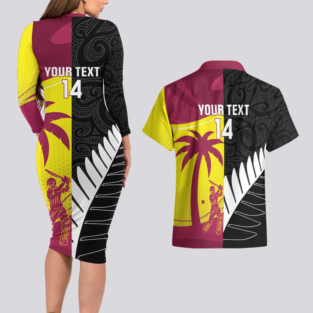 New Zealand and West Indies Cricket Custom Couples Matching Long Sleeve Bodycon Dress and Hawaiian Shirt Black Cap Windies Together - Polynesian Pride
