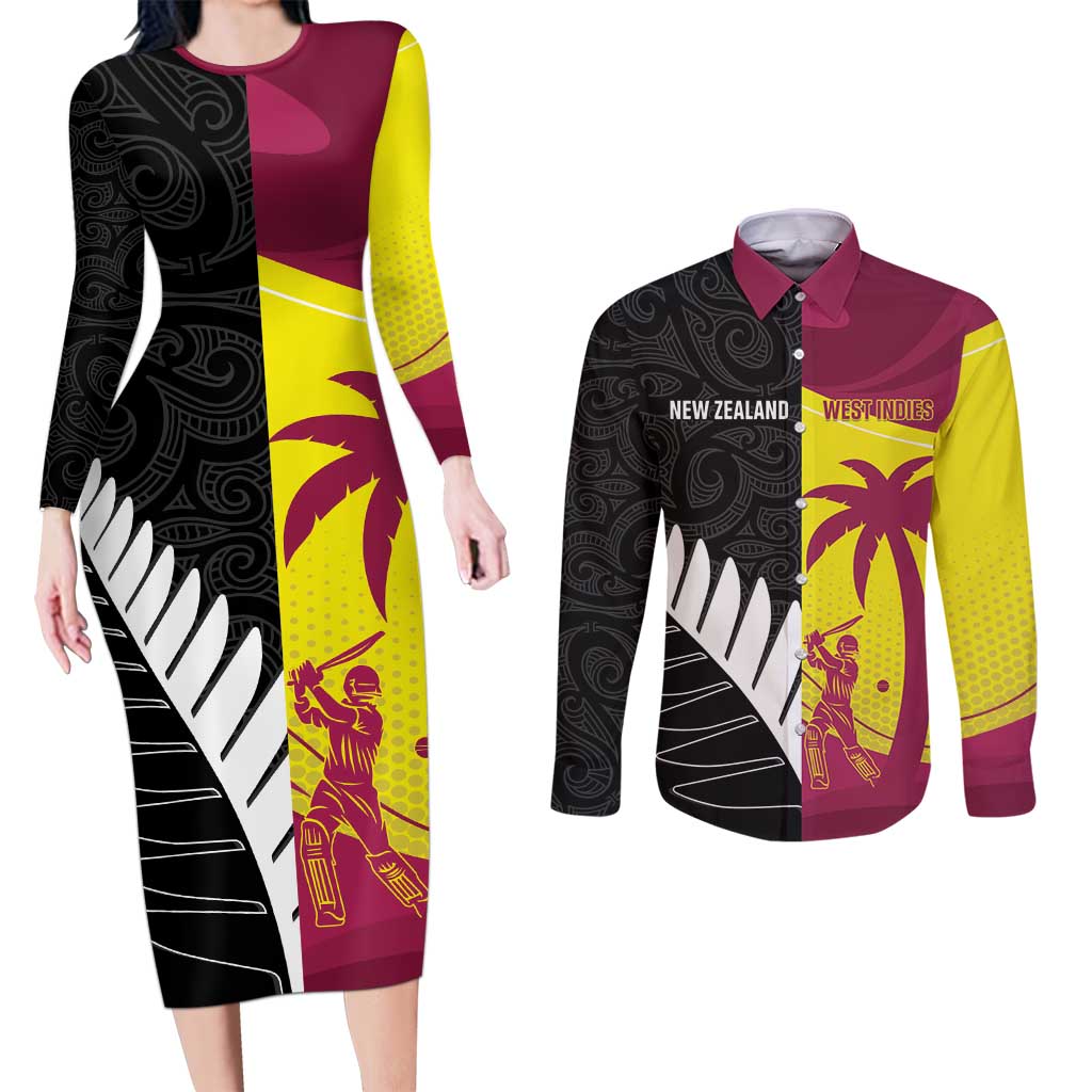 New Zealand and West Indies Cricket Custom Couples Matching Long Sleeve Bodycon Dress and Long Sleeve Button Shirt Black Cap Windies Together - Polynesian Pride