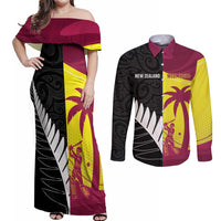 New Zealand and West Indies Cricket Custom Couples Matching Off Shoulder Maxi Dress and Long Sleeve Button Shirt Black Cap Windies Together - Polynesian Pride