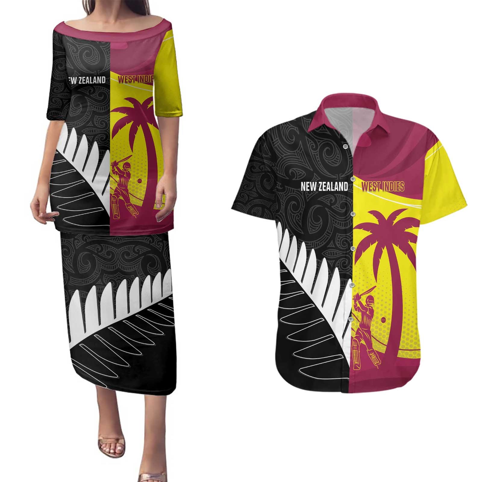 New Zealand and West Indies Cricket Custom Couples Matching Puletasi and Hawaiian Shirt Black Cap Windies Together - Polynesian Pride
