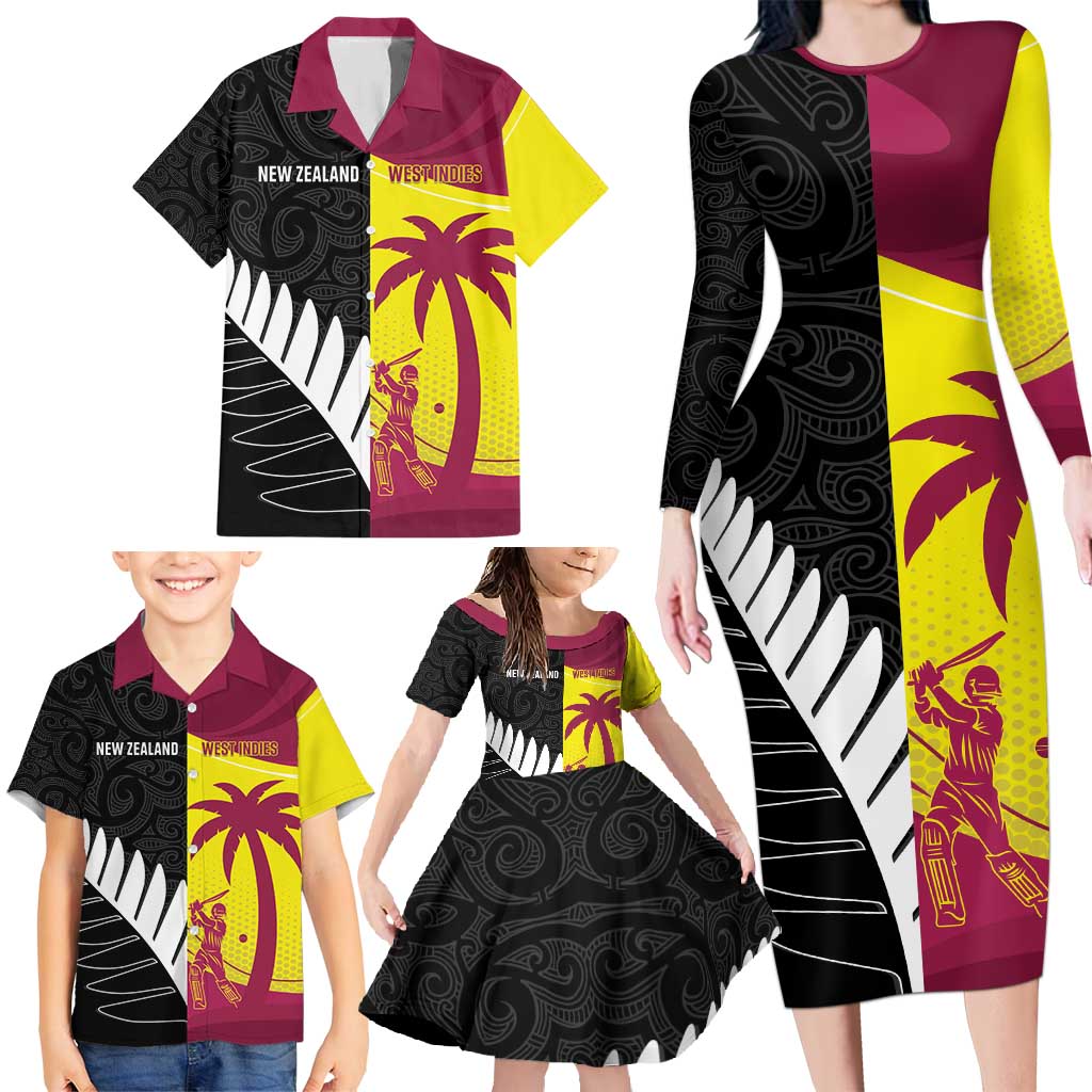 New Zealand and West Indies Cricket Custom Family Matching Long Sleeve Bodycon Dress and Hawaiian Shirt Black Cap Windies Together - Polynesian Pride
