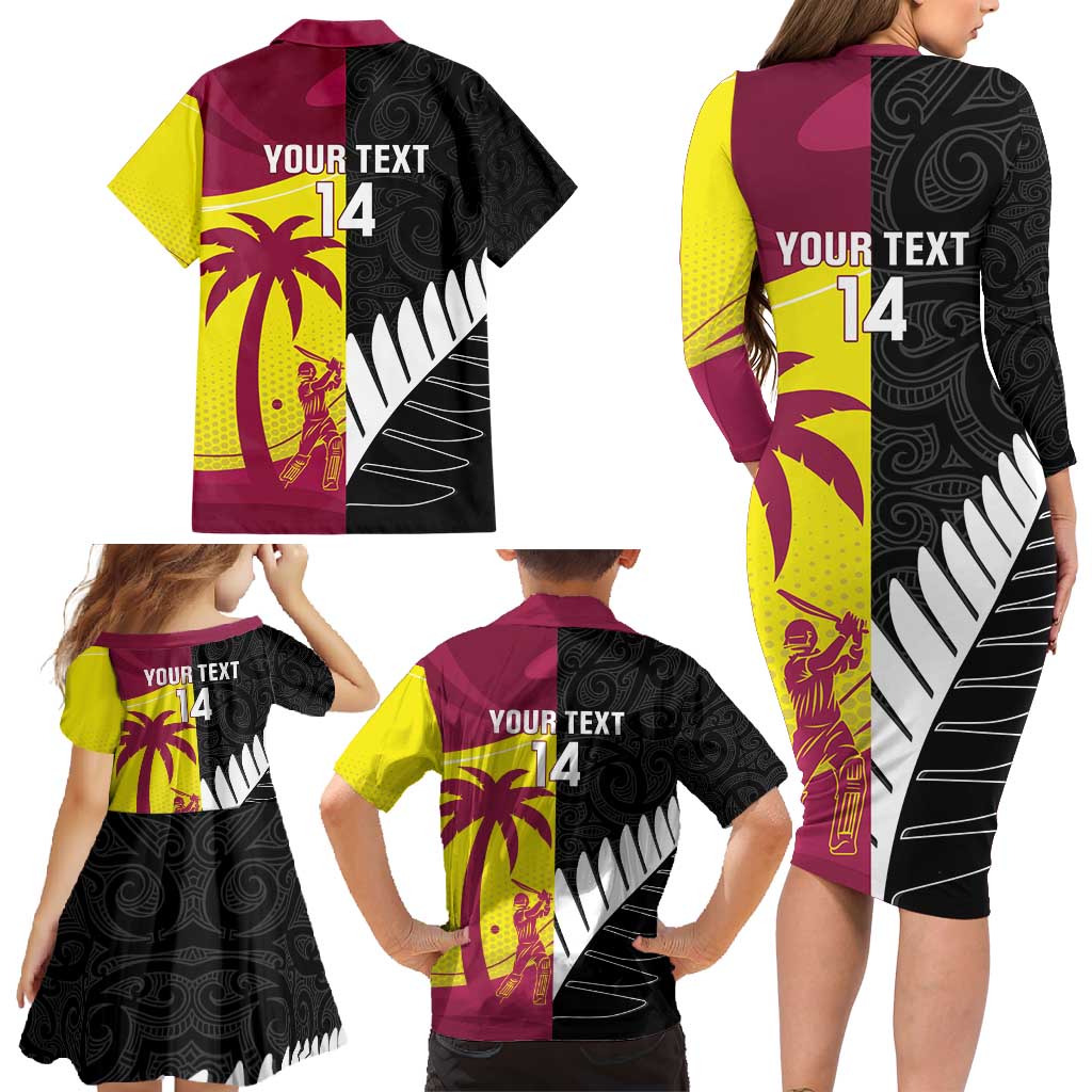 New Zealand and West Indies Cricket Custom Family Matching Long Sleeve Bodycon Dress and Hawaiian Shirt Black Cap Windies Together - Polynesian Pride