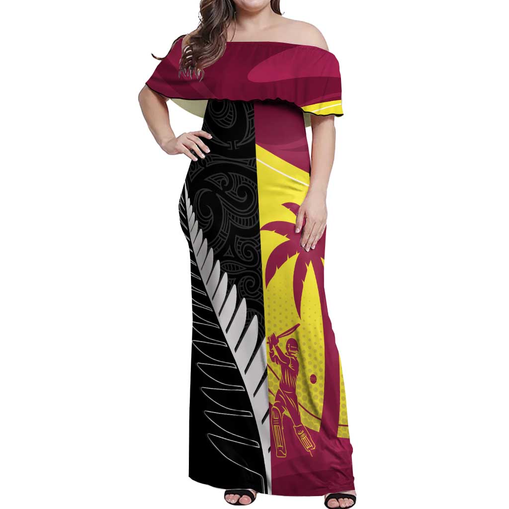 New Zealand and West Indies Cricket Custom Off Shoulder Maxi Dress Black Cap Windies Together - Polynesian Pride