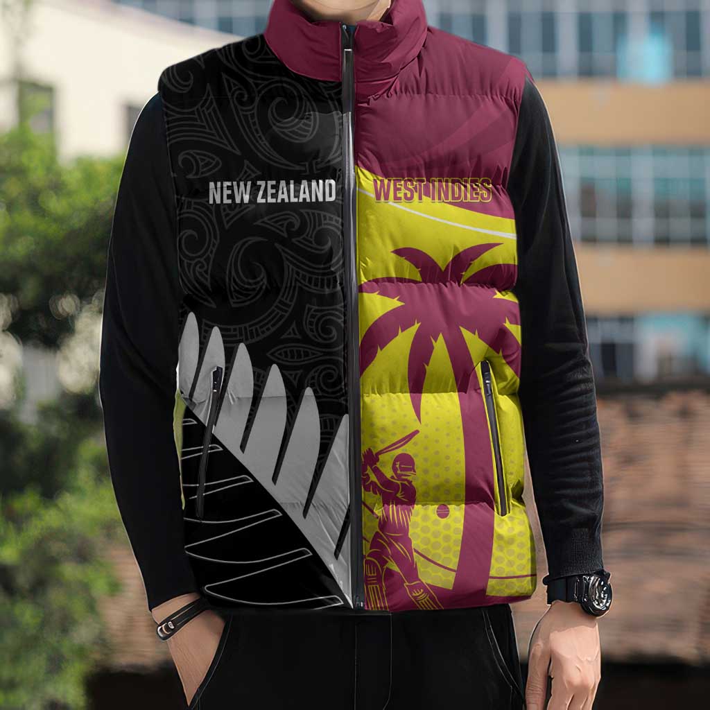 New Zealand and West Indies Cricket Custom Sleeveless Puffer Jacket Black Cap Windies Together - Polynesian Pride