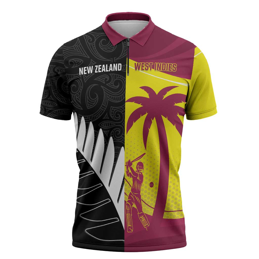 New Zealand and West Indies Cricket Custom Zipper Polo Shirt Black Cap Windies Together - Polynesian Pride