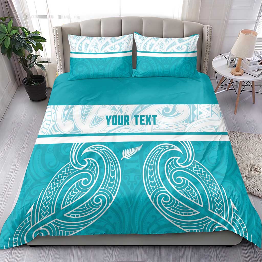 New Zealand Silver Fern Cricket Custom Bedding Set Black Cap Teal Maori Pattern - Polynesian Pride