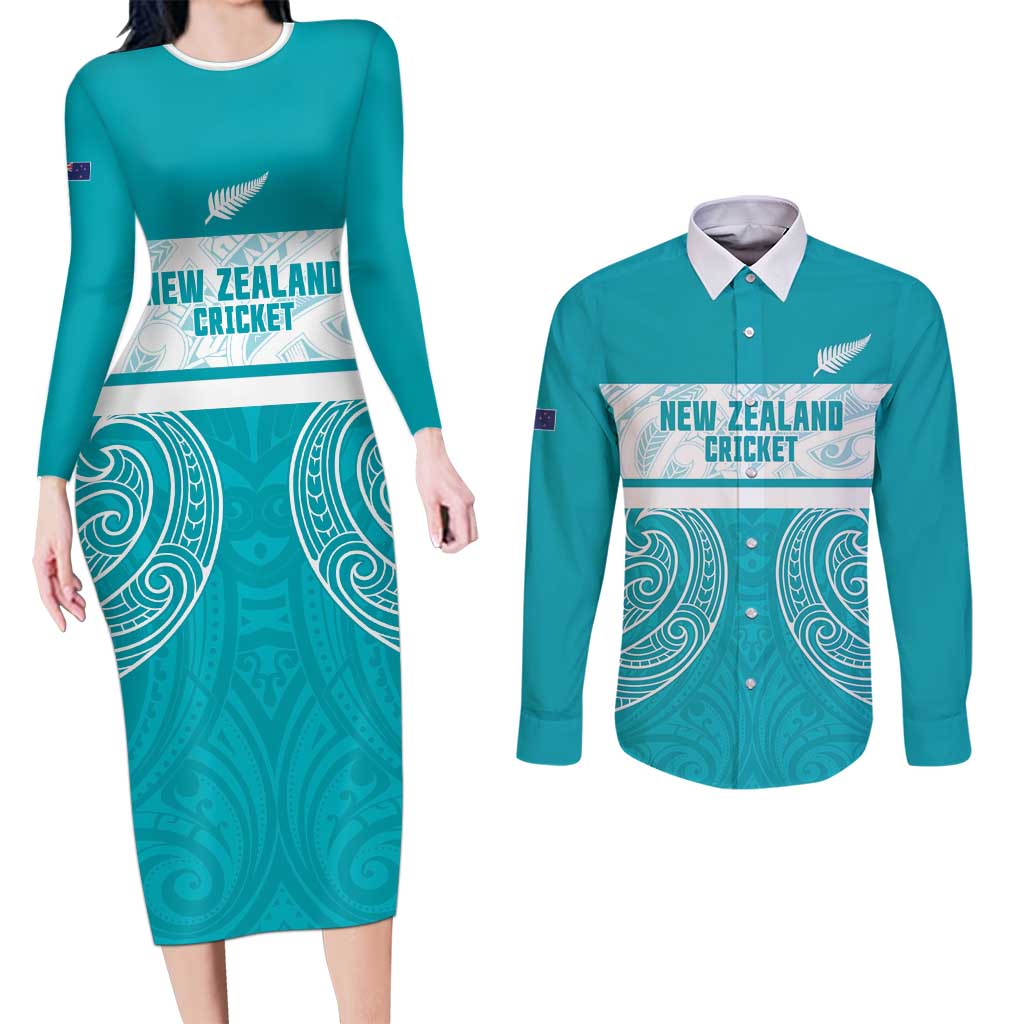 New Zealand Silver Fern Cricket Custom Couples Matching Long Sleeve Bodycon Dress and Long Sleeve Button Shirt Black Cap Teal Maori Pattern - Polynesian Pride