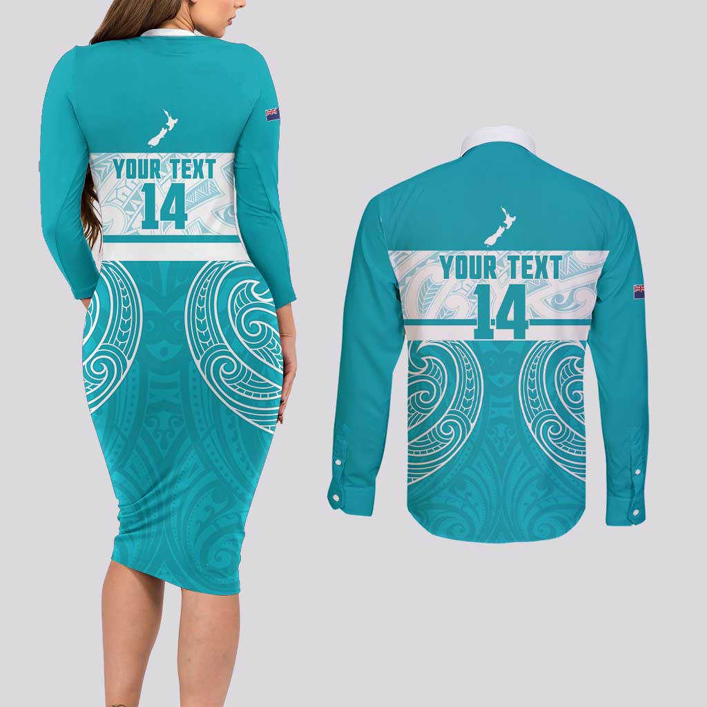 New Zealand Silver Fern Cricket Custom Couples Matching Long Sleeve Bodycon Dress and Long Sleeve Button Shirt Black Cap Teal Maori Pattern - Polynesian Pride