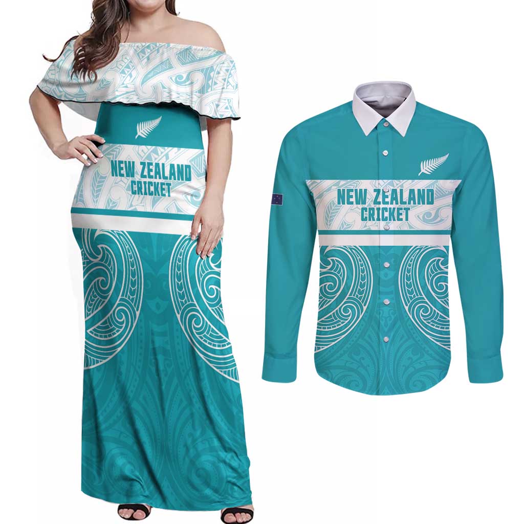 New Zealand Silver Fern Cricket Custom Couples Matching Off Shoulder Maxi Dress and Long Sleeve Button Shirt Black Cap Teal Maori Pattern - Polynesian Pride
