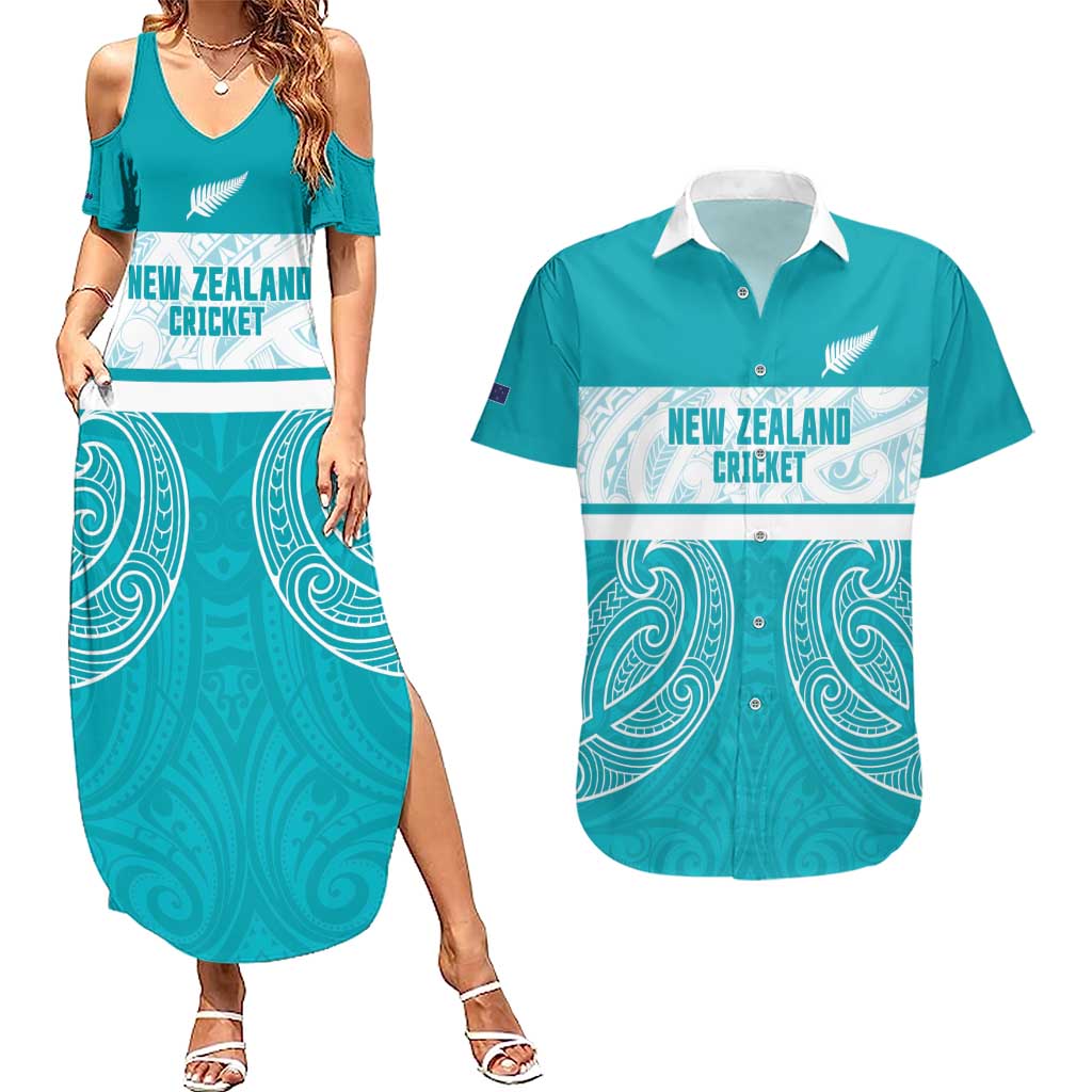 New Zealand Silver Fern Cricket Custom Couples Matching Summer Maxi Dress and Hawaiian Shirt Black Cap Teal Maori Pattern - Polynesian Pride