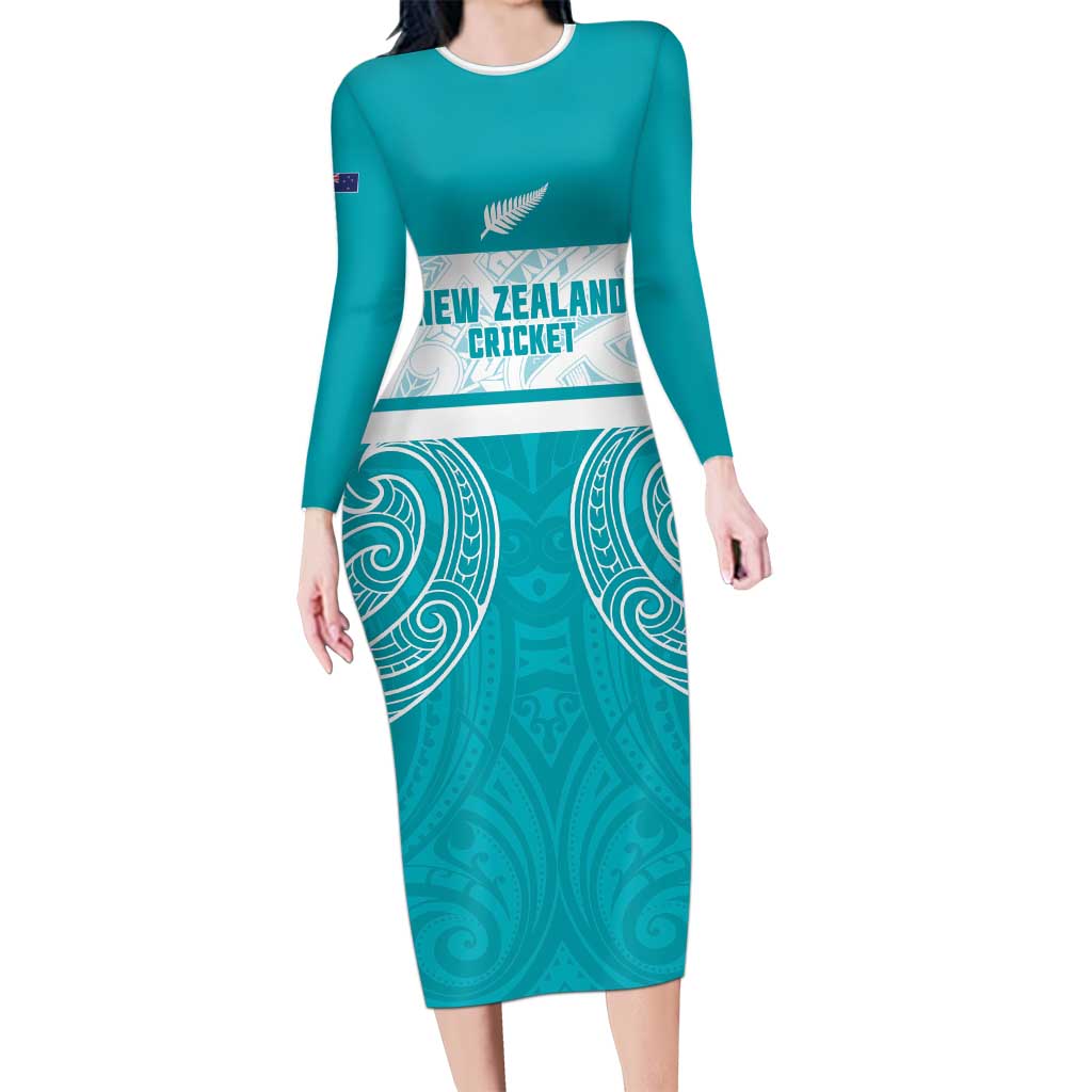 New Zealand Silver Fern Cricket Custom Family Matching Long Sleeve Bodycon Dress and Hawaiian Shirt Black Cap Teal Maori Pattern - Polynesian Pride