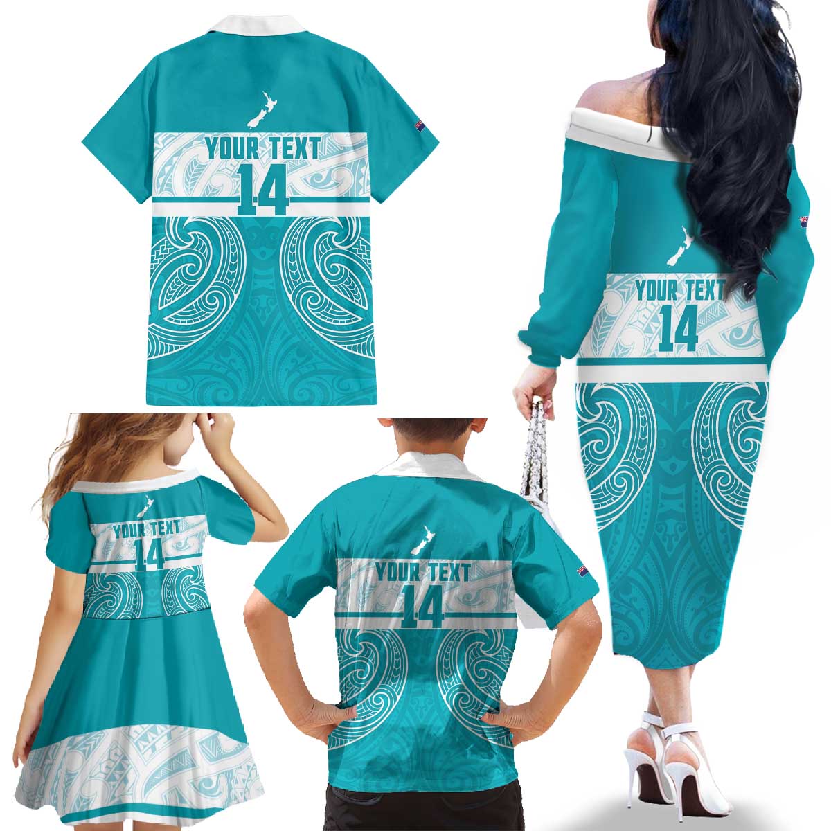 New Zealand Silver Fern Cricket Custom Family Matching Off The Shoulder Long Sleeve Dress and Hawaiian Shirt Black Cap Teal Maori Pattern - Polynesian Pride