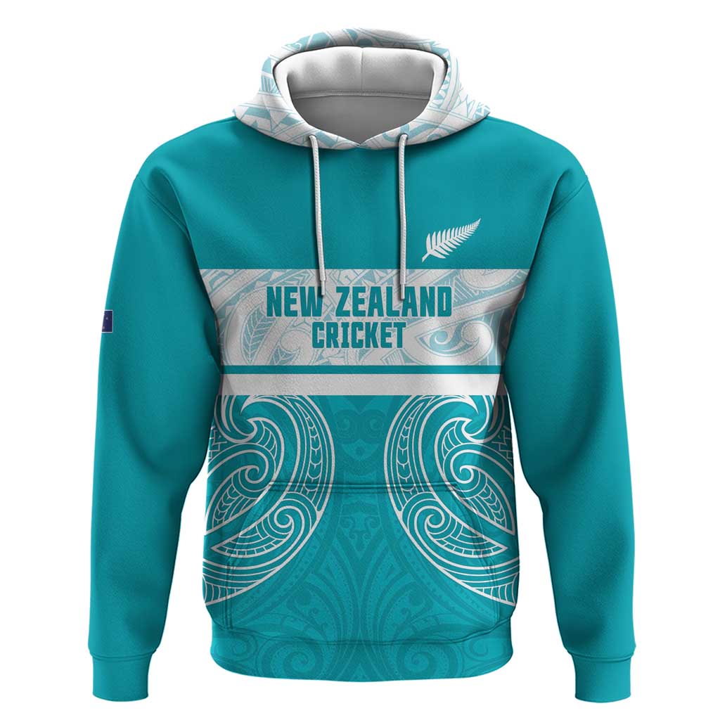 New Zealand Silver Fern Cricket Custom Hoodie Black Cap Teal Maori Pattern - Polynesian Pride