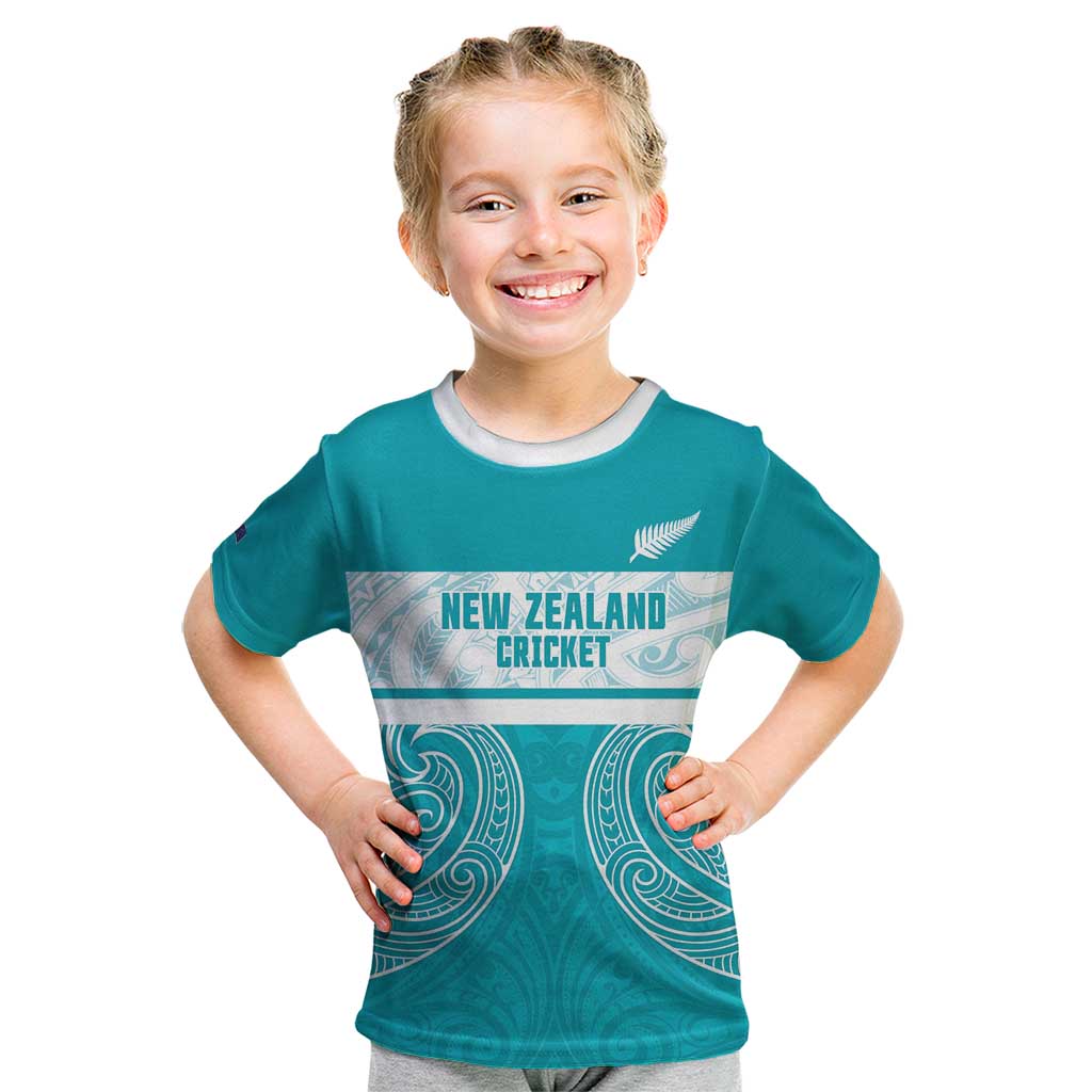 New Zealand Silver Fern Cricket Custom Kid T Shirt Black Cap Teal Maori Pattern - Polynesian Pride