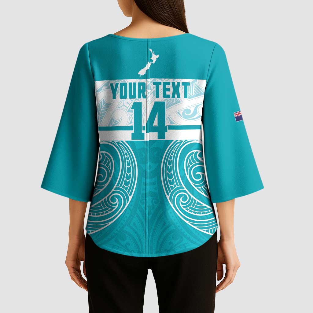 New Zealand Silver Fern Cricket Custom Kimono Sleeve Blouse Black Cap Teal Maori Pattern - Polynesian Pride