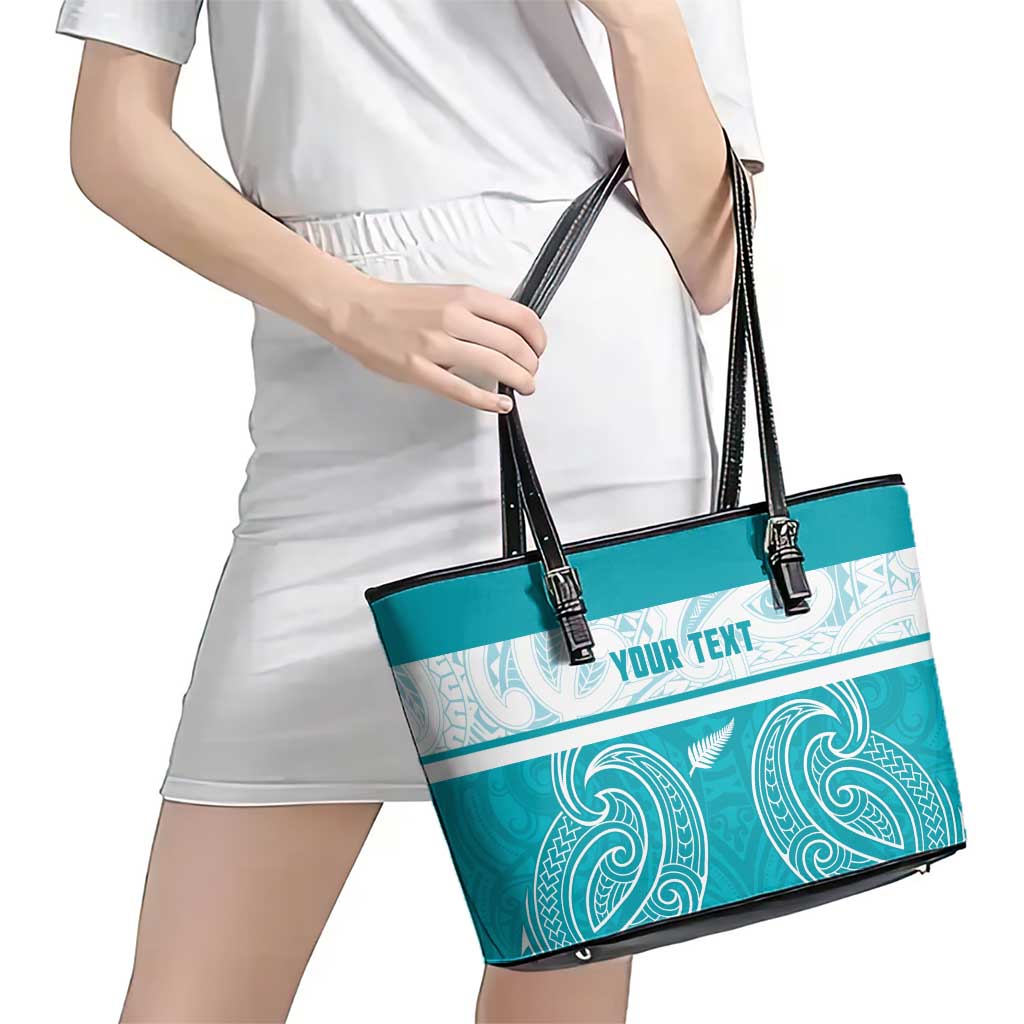 New Zealand Silver Fern Cricket Custom Leather Tote Bag Black Cap Teal Maori Pattern - Polynesian Pride