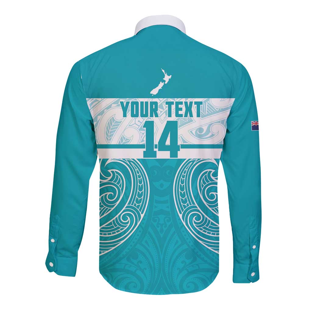 New Zealand Silver Fern Cricket Custom Long Sleeve Button Shirt Black Cap Teal Maori Pattern - Polynesian Pride