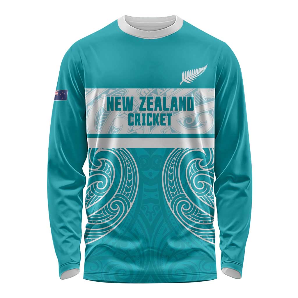 New Zealand Silver Fern Cricket Custom Long Sleeve Shirt Black Cap Teal Maori Pattern - Polynesian Pride