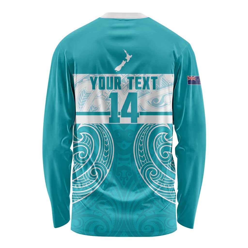 New Zealand Silver Fern Cricket Custom Long Sleeve Shirt Black Cap Teal Maori Pattern LT14 - Polynesian Pride