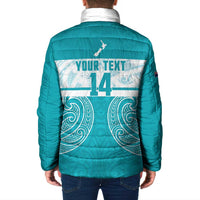 New Zealand Silver Fern Cricket Custom Padded Jacket Black Cap Teal Maori Pattern - Polynesian Pride
