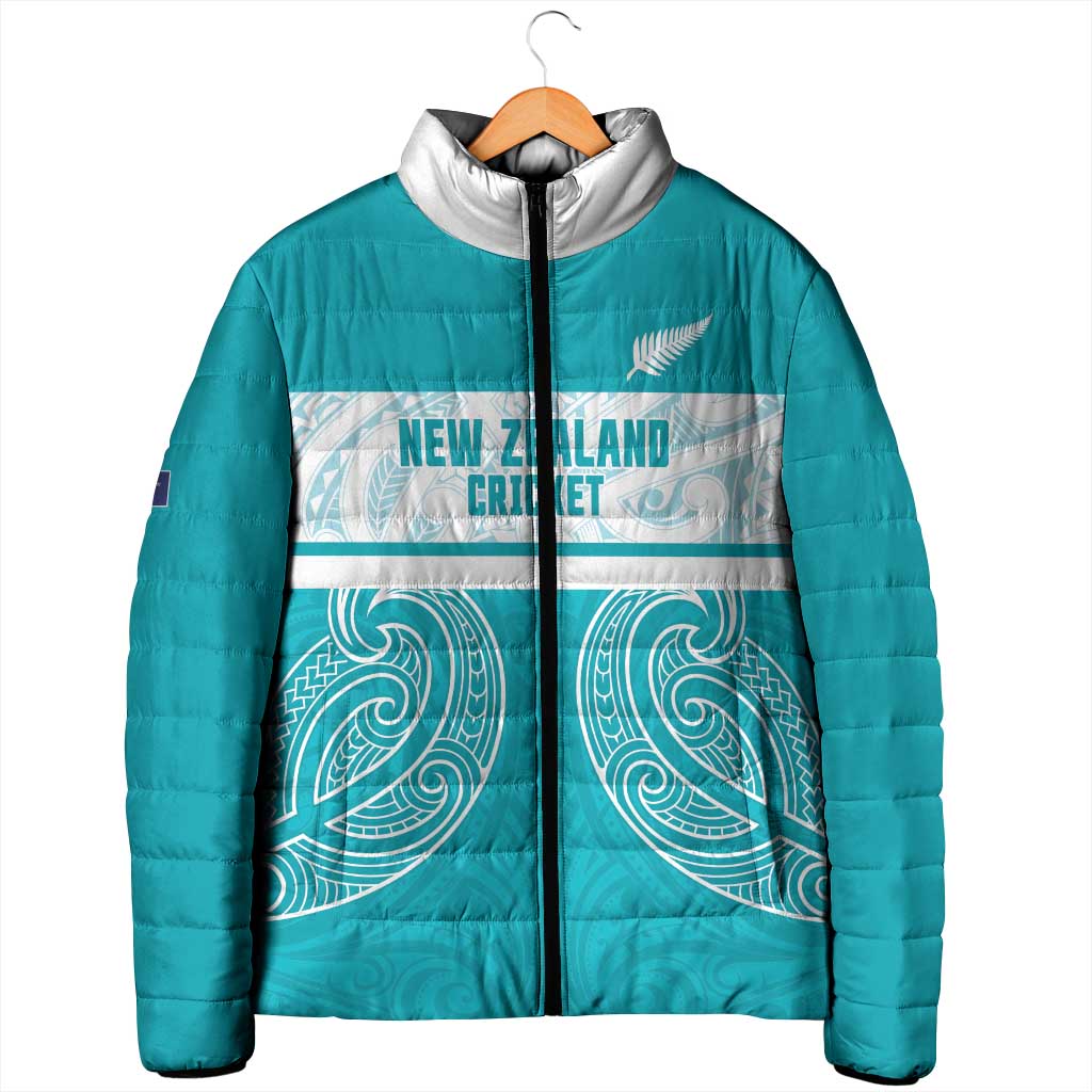 New Zealand Silver Fern Cricket Custom Padded Jacket Black Cap Teal Maori Pattern - Polynesian Pride