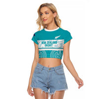 New Zealand Silver Fern Cricket Custom Raglan Cropped T Shirt Black Cap Teal Maori Pattern LT14 Female Teal - Polynesian Pride