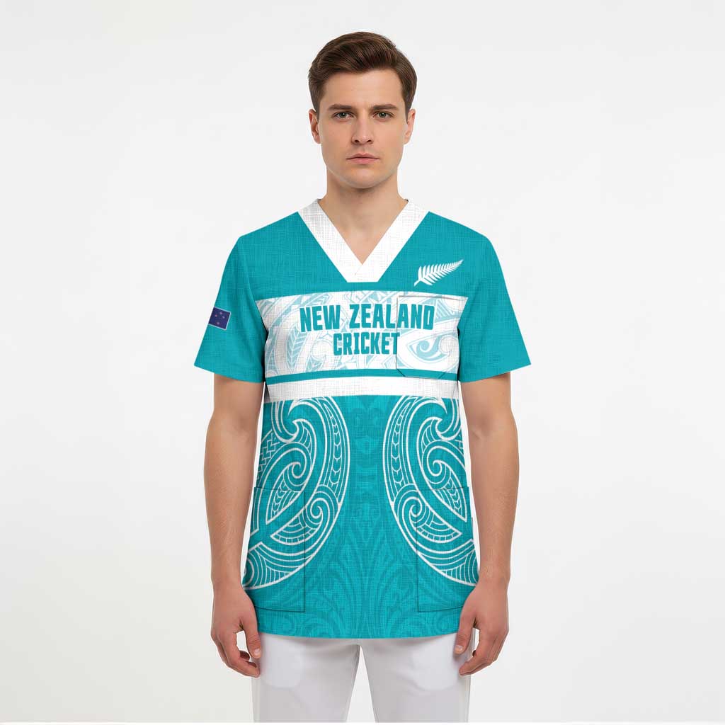 New Zealand Silver Fern Cricket Custom Scrub Top Black Cap Teal Maori Pattern - Polynesian Pride