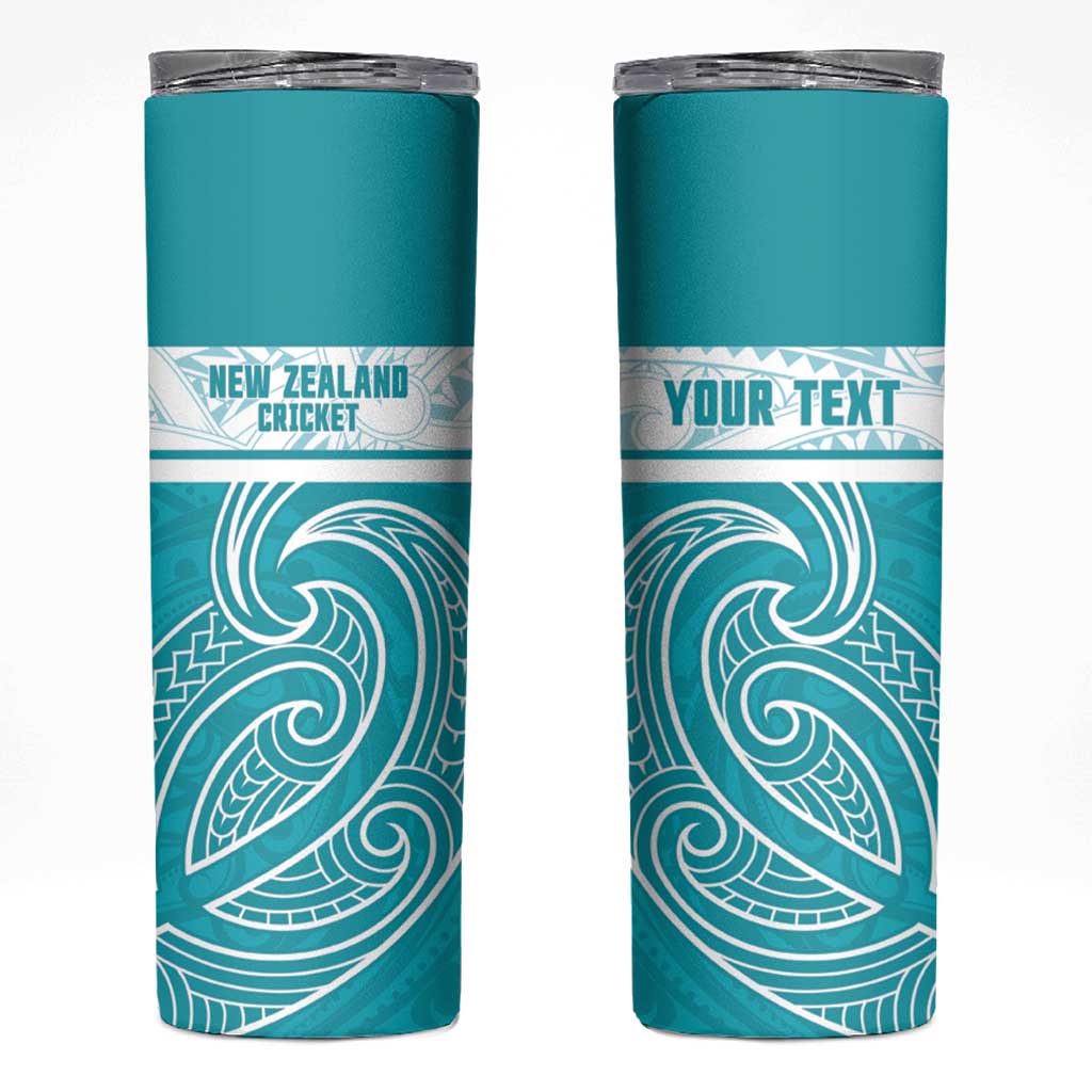 New Zealand Silver Fern Cricket Custom Skinny Tumbler Black Cap Teal Maori Pattern - Polynesian Pride