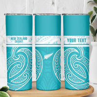 New Zealand Silver Fern Cricket Custom Skinny Tumbler Black Cap Teal Maori Pattern - Polynesian Pride